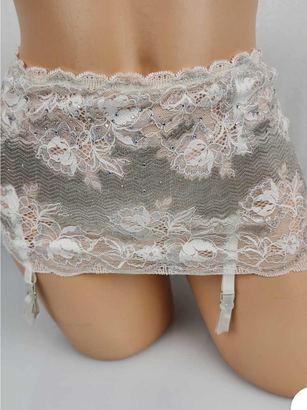 Victoria's Secret Ivory Lace Garter Skirt with Floral Appliqué / Rhinestones